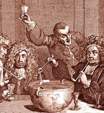 Men drinking from a punch bowl with glasses